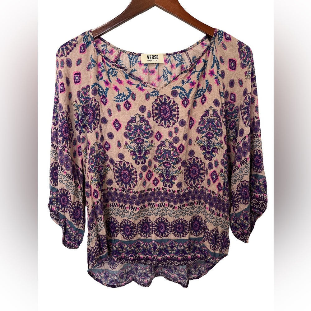 Verse Women's XL Tan Floral V Neck Flowy Boho Blouse 3/4 Sleeve Top